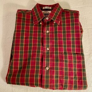 Mens Casual Button Down Cotton Shirt SAVANE Size S RED Olive Checks Long Sleeves
